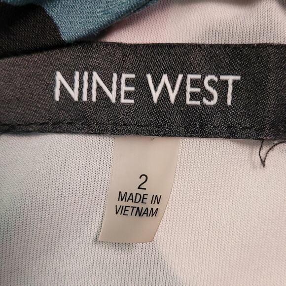 Nine West Geometric Blouson Dress Sz 2 Indie Artsy Graphic Elastic Waist Midi - Picture 6 of 9